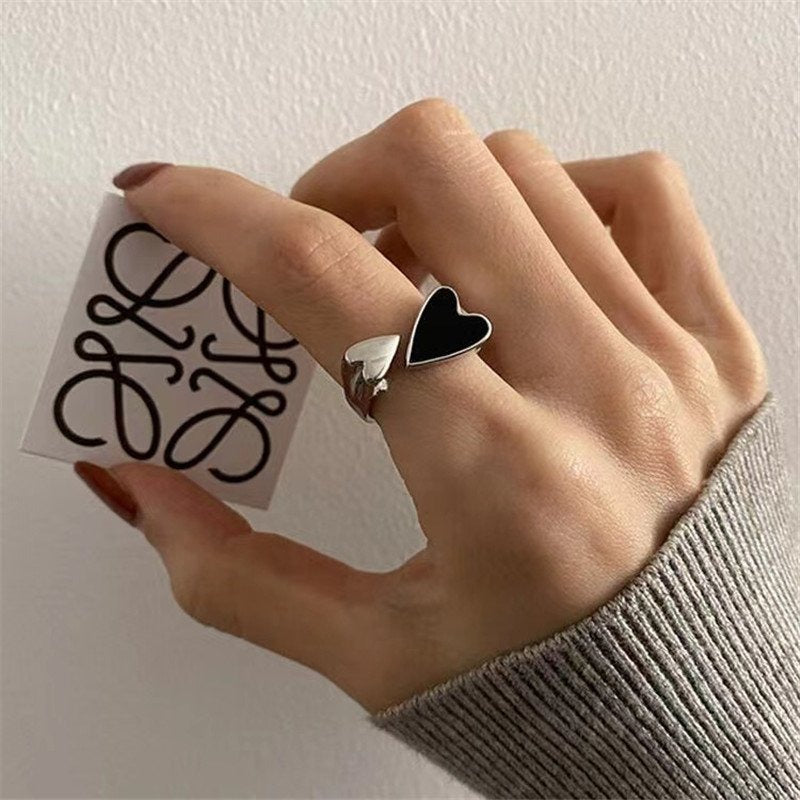 Black Enamel Heart Open Adjustable Ring