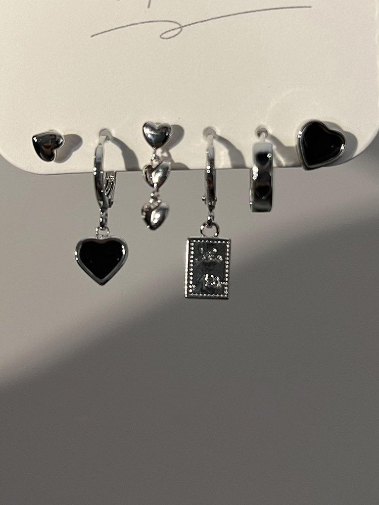 5-Piece Black Heart Huggie Set