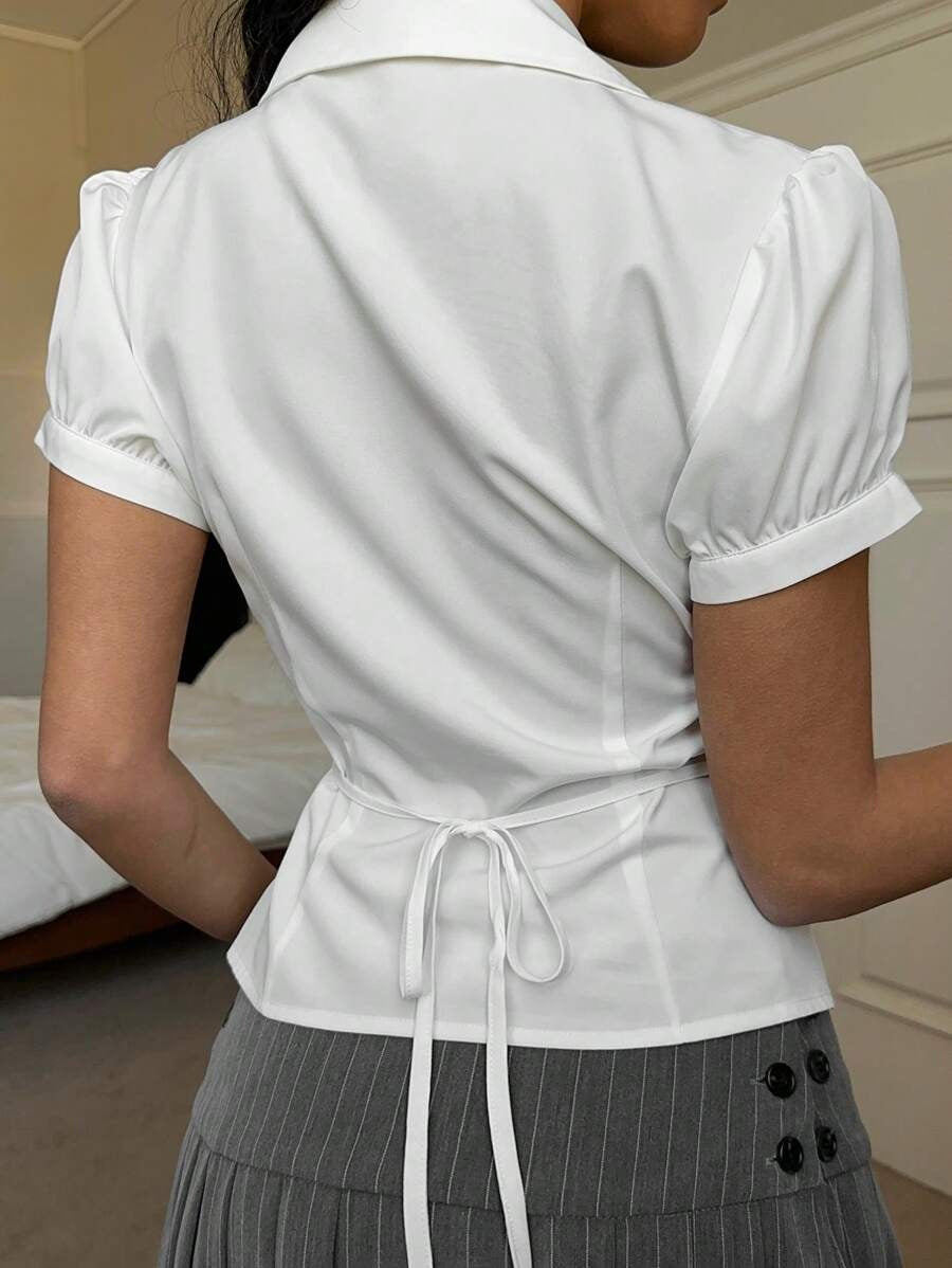 White Woven Puff Sleeve Women Shirt