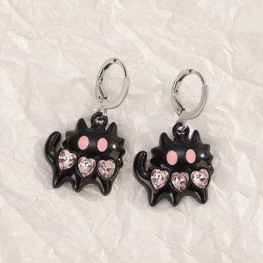 Kawaii Black Kitty Pink Heart Drop Earrings