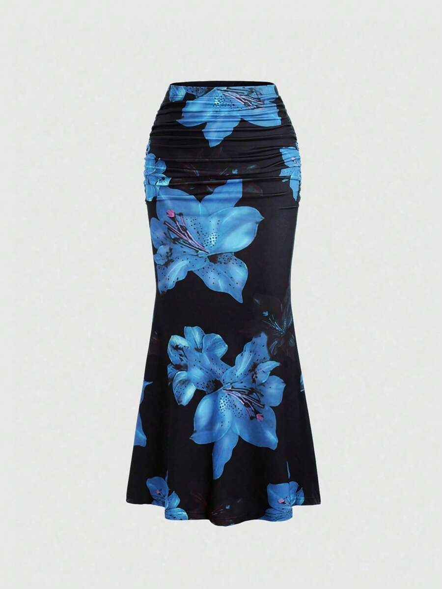 Floral Print Elastic Waist Pleated Mermaid Skirt Maxi