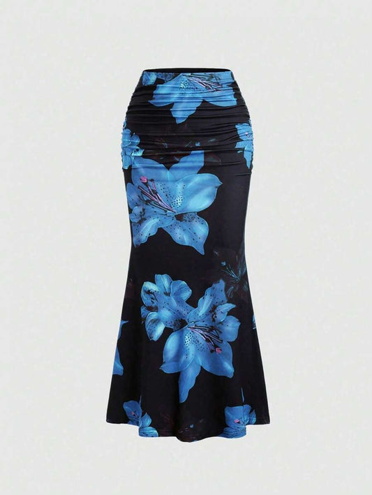 Floral Print Elastic Waist Pleated Mermaid Skirt Maxi
