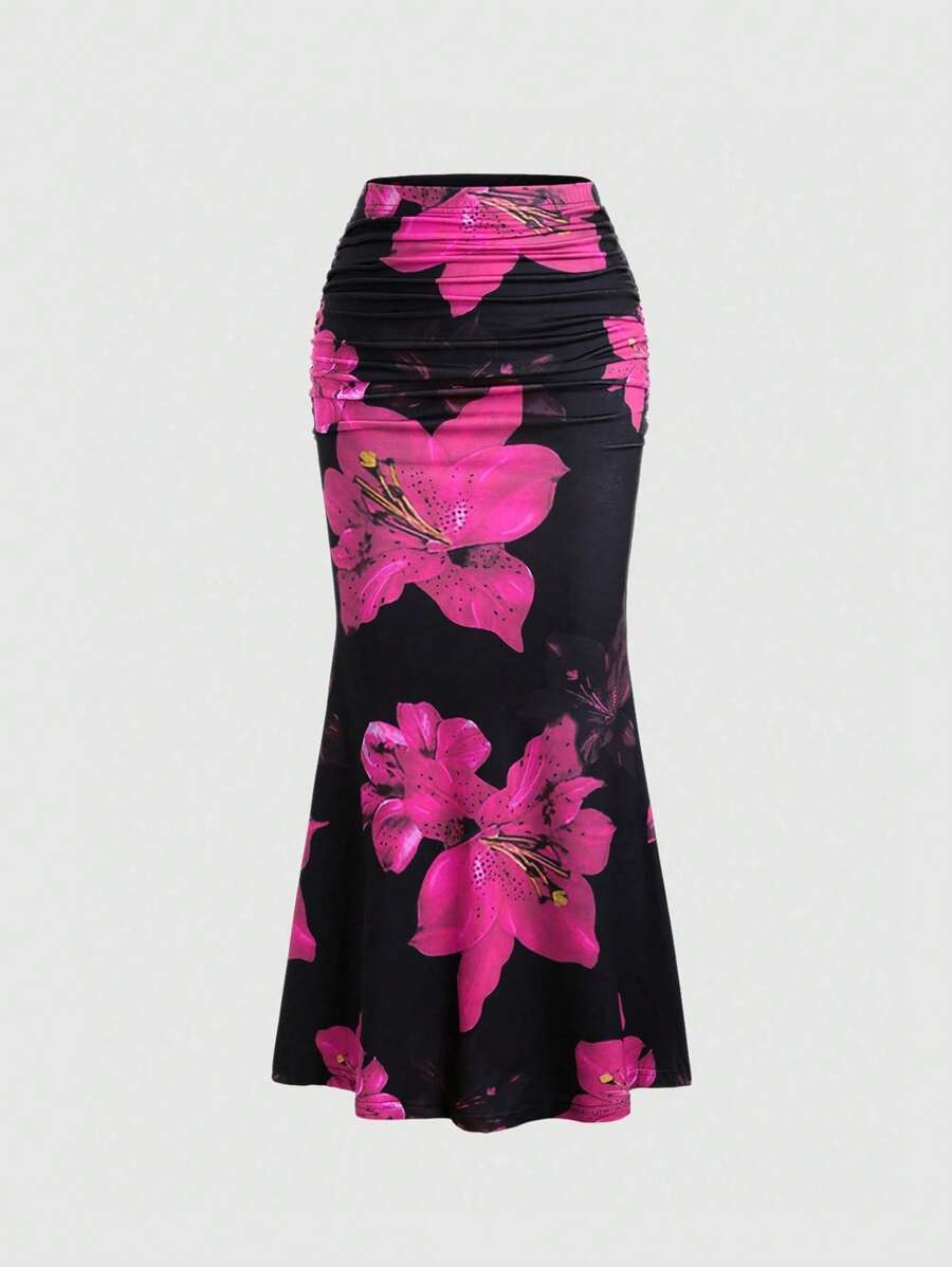 Floral Print Elastic Waist Pleated Mermaid Skirt Maxi
